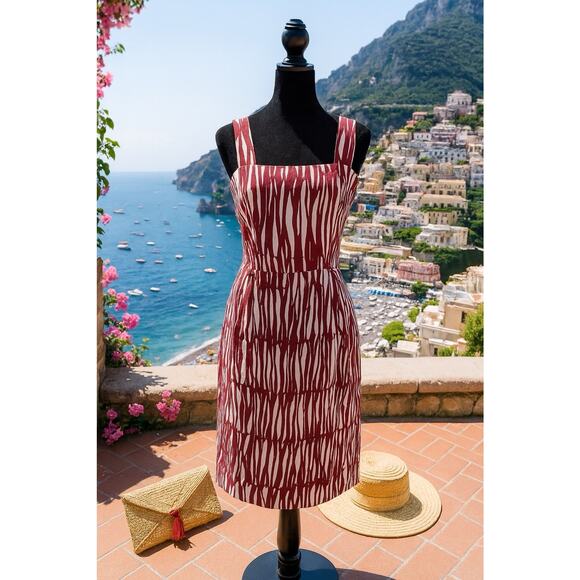 Max Mara 100% Linen Sheath Dress 6 Deep Berry Abstract Bold Minimalist Italian - Picture 1 of 15